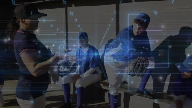 Female coach stepping into baseball dugout and offering ball to player for coaching under tech grid