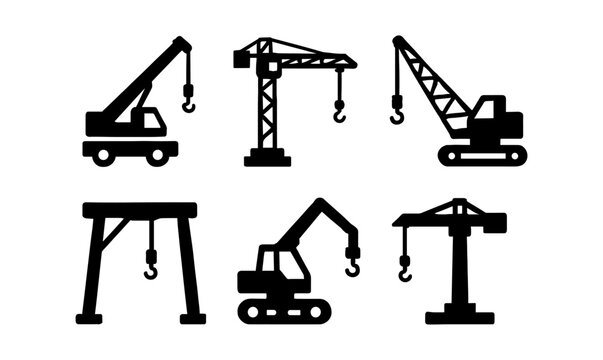 Construction crane silhouettes set for industrial design projects