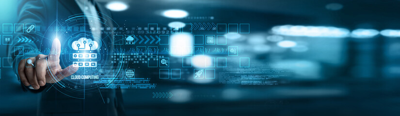 Businessman touching cloud computing networking and data storage, virtualization technology, resource scalability, application deployment, remote access, cost efficiency, performance optimization.