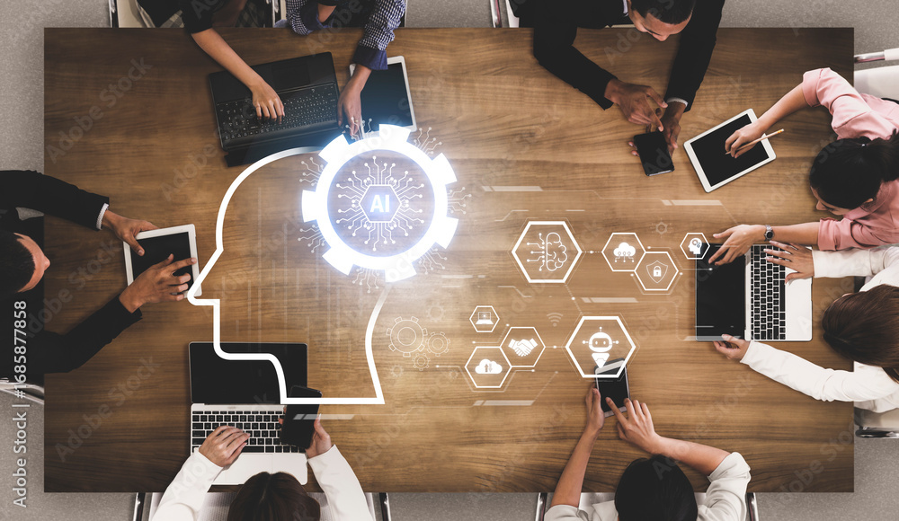 Poster ai integrated with human cognition, supporting decision-making, automation, robotics, data analysis,
