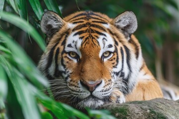 Fototapeta premium Majestic tiger resting in lush jungle environment