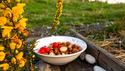 Bowl of nuts and berries, surrounded by yellow flowers