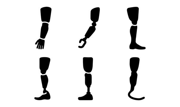 Silhouette collection of prosthetic limbs: arms and legs in various designs