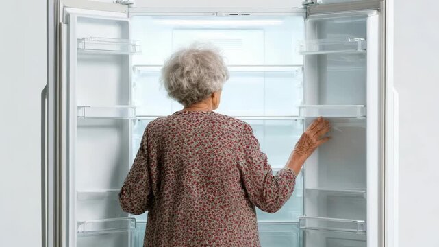 Elderly woman stands in front of an empty refrigerator searching for food during a quiet evening at home