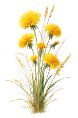 Yellow dandelion bouquet with wheat stalks