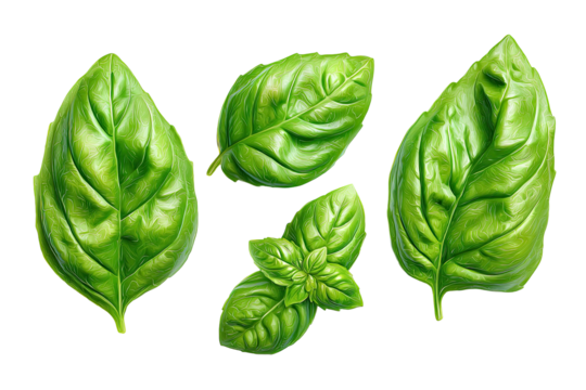 Four vibrant basil leaves, arranged in a loose grouping.  Detailed depiction of leaf structure, showcasing veins and texture.  Fresh, bright green tones