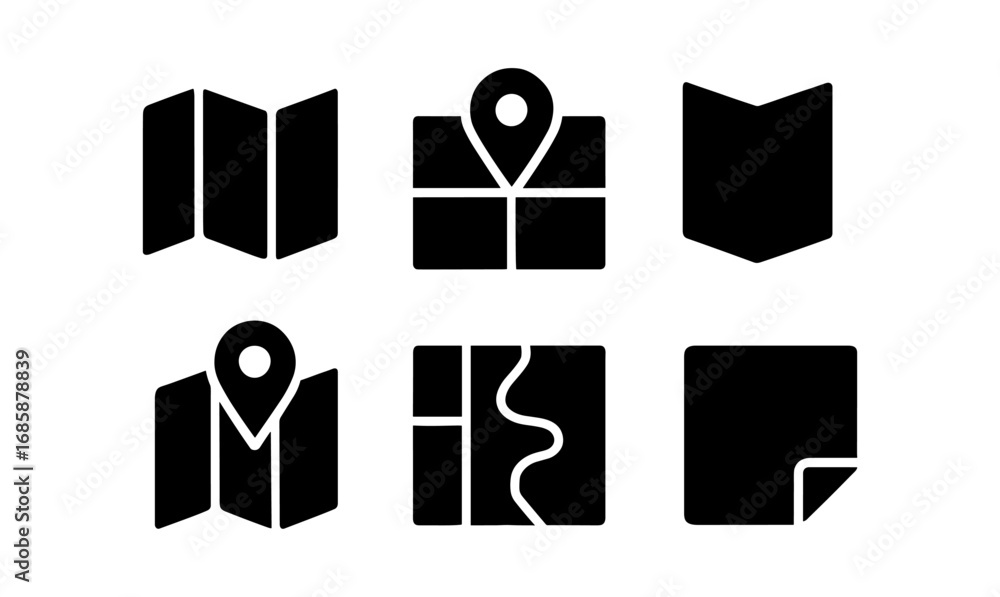 Poster set of silhouette map and location icons for navigation and travel