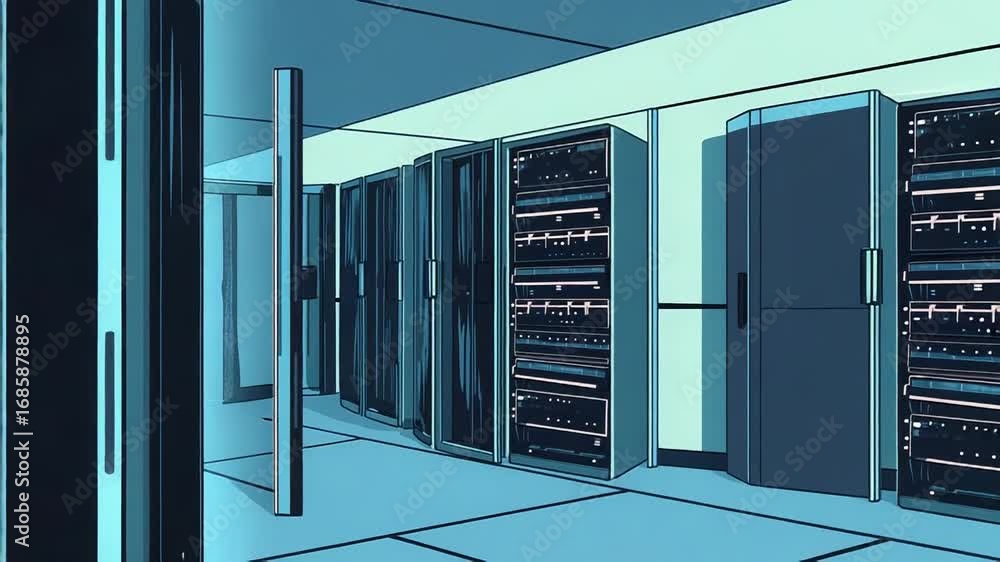 Poster server room hosting many server racks in data center storing digital information