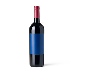 Red wine bottle with glossy blue label on white background, stylish mockup for design.