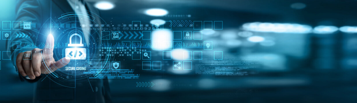 Businessman touching secure coding networking and vulnerability detection, encryption methods, penetration testing, input validation, compliance standards, code review, threat prevention.