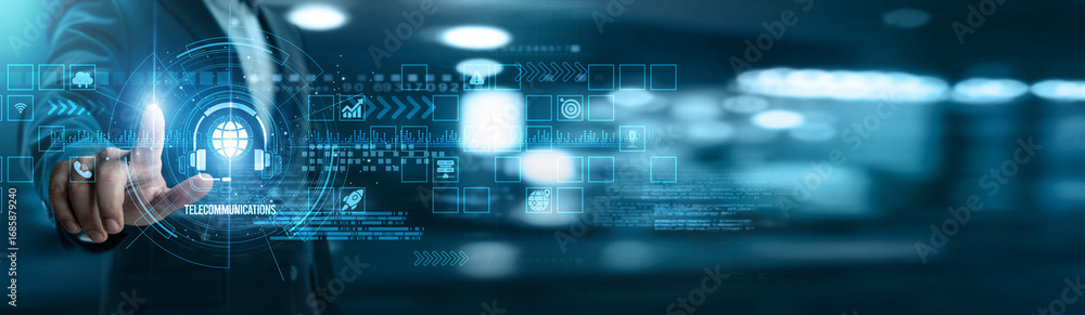 Poster businessman touching telecommunications networking and signal coverage, bandwidth optimization, conn