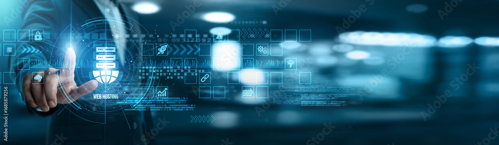 Poster businessman touching web hosting networking and cloud infrastructure, server uptime, bandwidth alloc