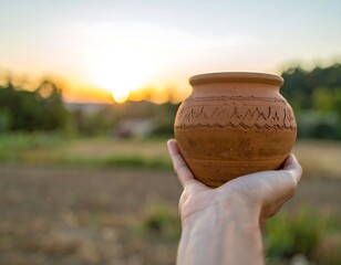 Hand holding clay pot at sunset