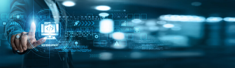 Businessman touching web development networking and frontend design, backend coding, responsive layouts, API integration, user experience, content management, and application performance.