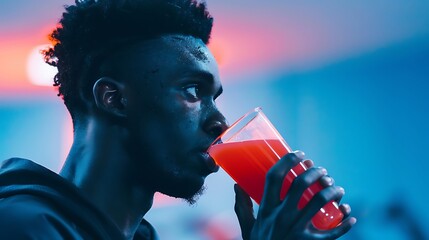 Man drinks refreshing red beverage under moody blue and pink lighting