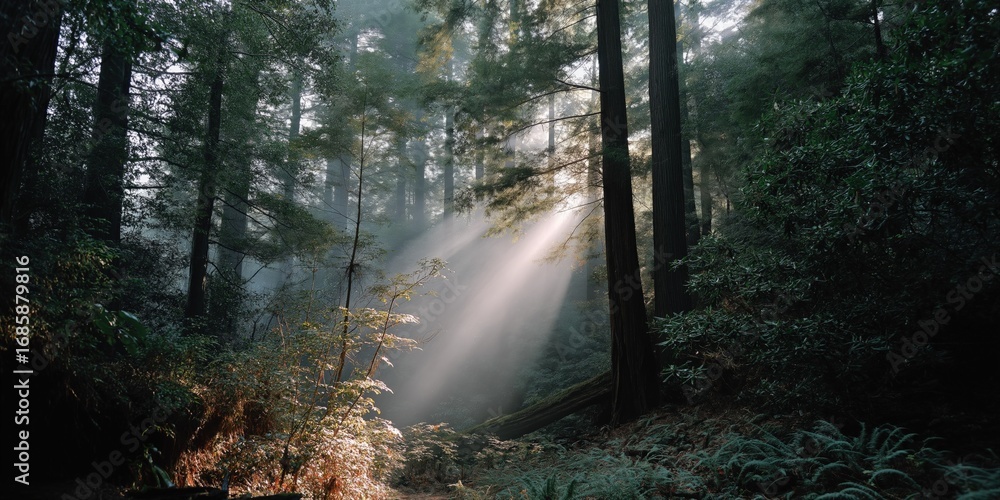Poster sunlight filtering through lush forest with tall trees and dense vegetation
