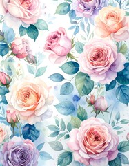 Watercolor roses, soft pastel colors,  floral pattern on white background