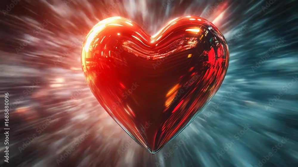 Poster red heart floating in a blurred space with bokeh lights