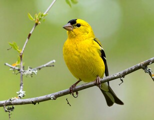Close-up of a bright yellow bird perched on a branch