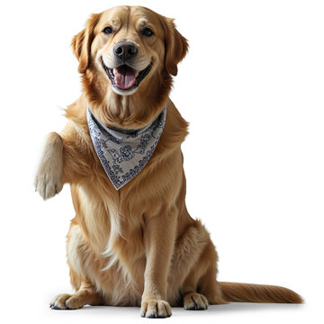 Golden Retriever with Bandana Raising Paw Transparent Background and Drop shadow
