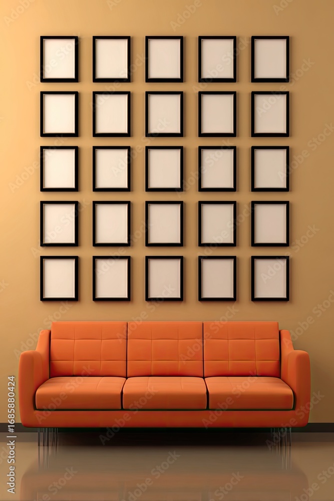 Poster empty picture frames create a modern aesthetic on a beige wall, with an orange couch adding a pop of