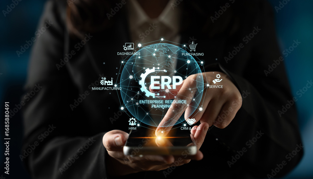 Poster erp platform visual showing centralized system for enterprise resource planning, improving integrati