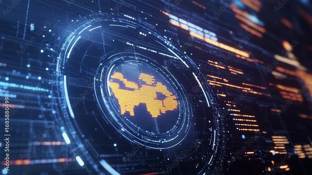 Poster futuristic head up display showing rotating world map with digital information flowing
