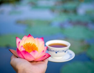 Hand holding lotus flower near teacup by water