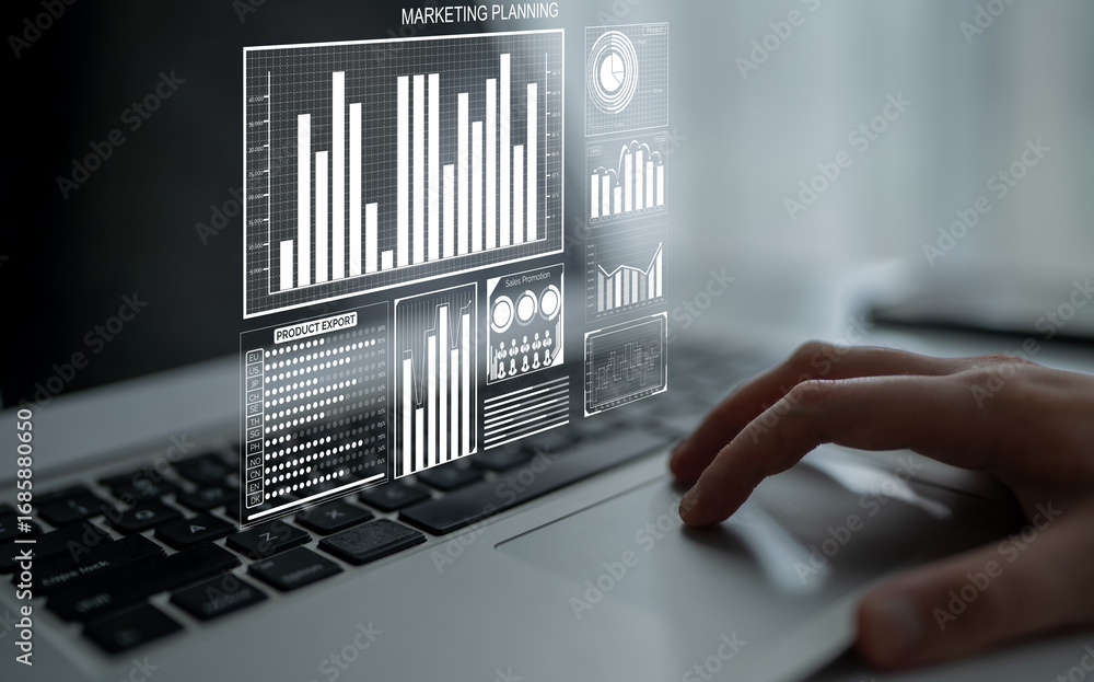 Poster a hand rests on a laptop showcasing a digital dashboard with data visualizations, representing marke