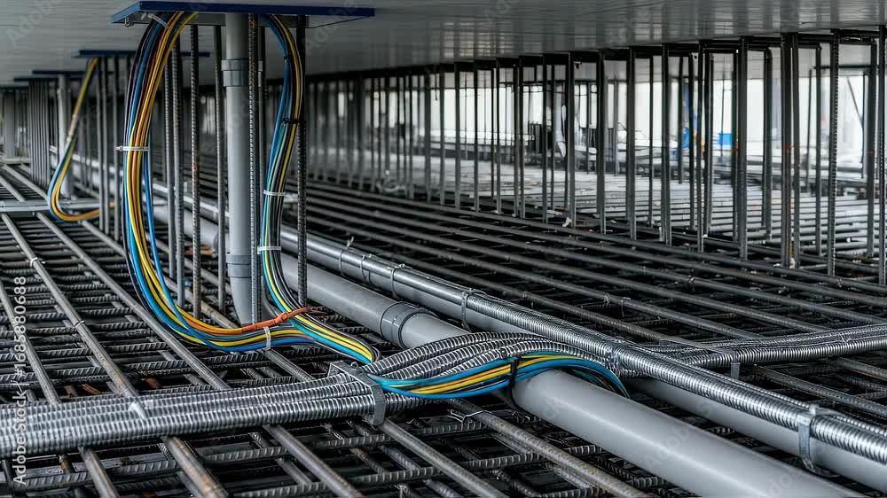 Poster interior view inside modular deck section showing steel reinforcement and utility conduits illustrat