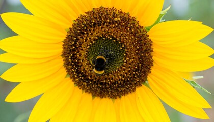 Obraz premium A close-up view of a vibrant sunflower, showcasing its bright yellow petals and a dark brown, detailed center with a small bee.