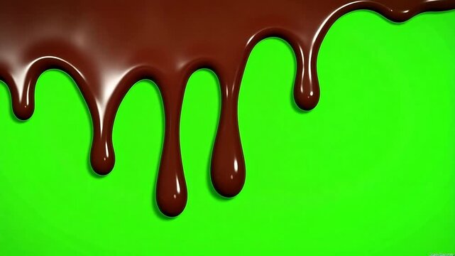 Rich dark chocolate sauce dripping down a vibrant green background