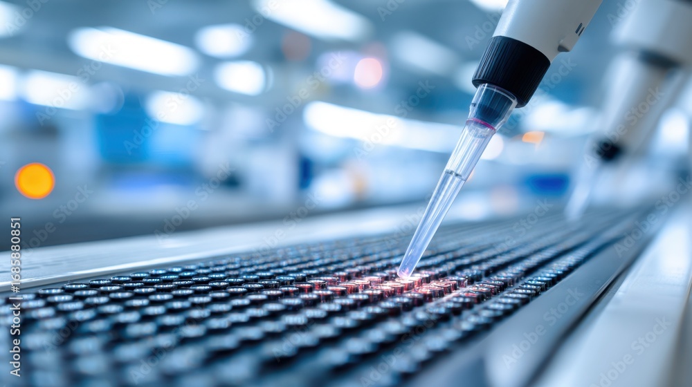 Aufkleber focused view of a laboratory bench with a digital pipette in use background softly blurred to emphas