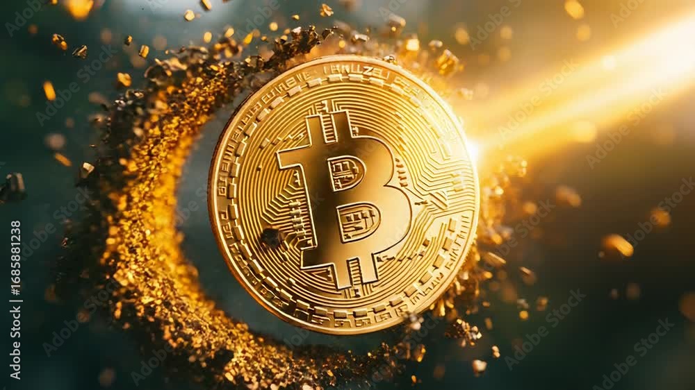 Poster bitcoin cryptocurrency crumbling and exploding into pieces