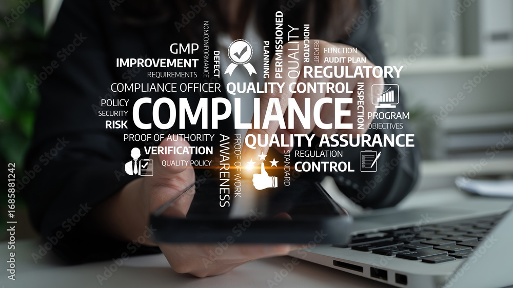 Poster a professional environment showcasing compliance and quality control concepts with visuals of regula