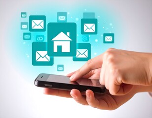 Hand holding phone with communication icons