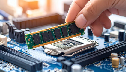 Technician installing ram memory into motherboard socket