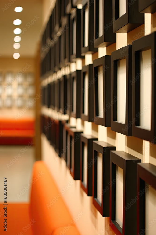 Poster a wall of black picture frames arranged in a grid pattern, creating a design element against a beige