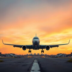 Fototapeta premium Commercial airplane landing on runway during vibrant sunset, ready for travel adventures