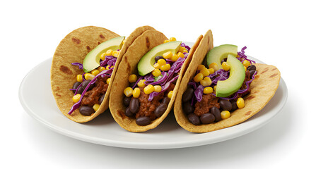Colorful vegan tacos with beans and vegetables, healthy plant-based meal, isolated on white.