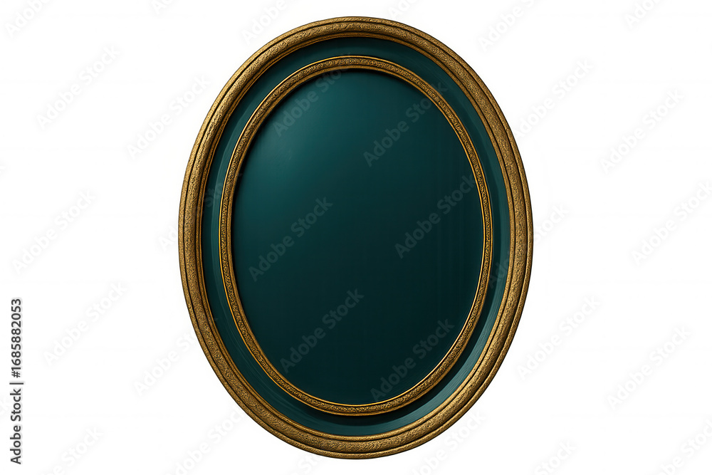 Poster gold-trimmed oval frame with luxurious teal backdrop, offering transparent background for seamless d