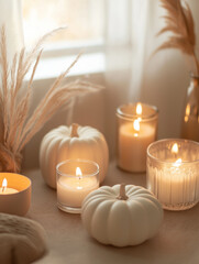 Autumn still life with white pumpkins, candles and pampas grass in soft warm light