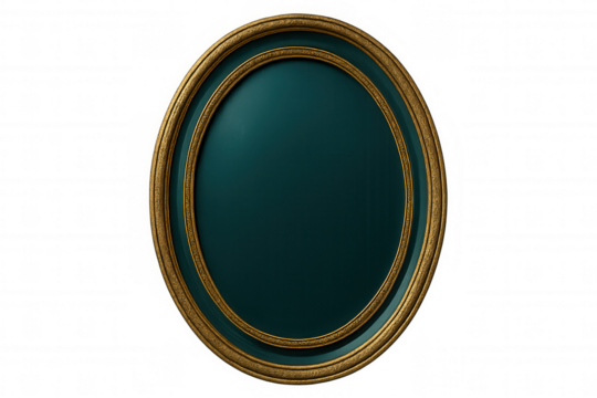 Gold-trimmed oval frame with luxurious teal backdrop, offering transparent background for seamless design integration and sophisticated visual styling