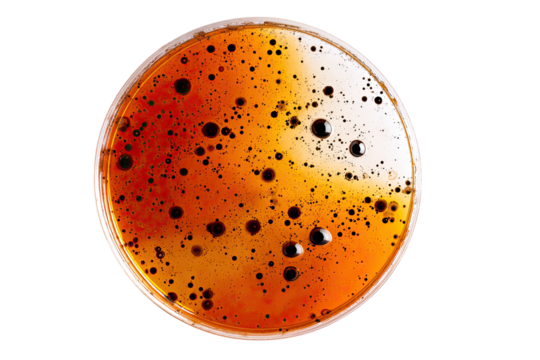 Circular petri dish, amber liquid, dark specks