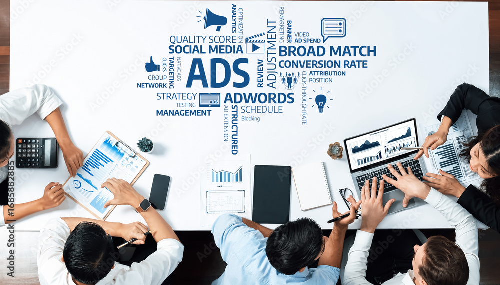 Poster a diverse business team collaborates in a modern office, analyzing advertising strategies and using 
