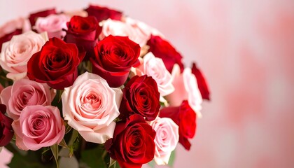 Obraz premium Lush bouquet of vibrant red, pink, and pale-rose roses against a softly blurred pink backdrop