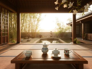 Tea set on a table in a traditional japanese room overlooking a zen garden with bamboo trees