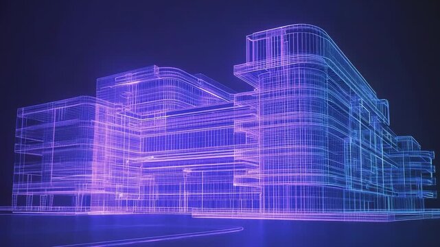 Futuristic wireframe building rendering glowing in neon lights