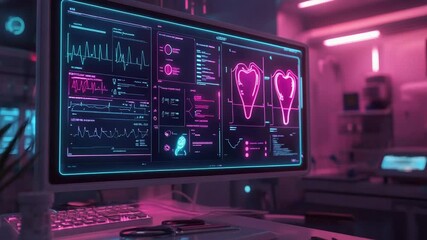 Futuristic computer displaying medical data in a neon lit laboratory - Powered by Adobe