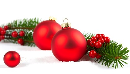 Red Christmas ornaments and greenery on snow